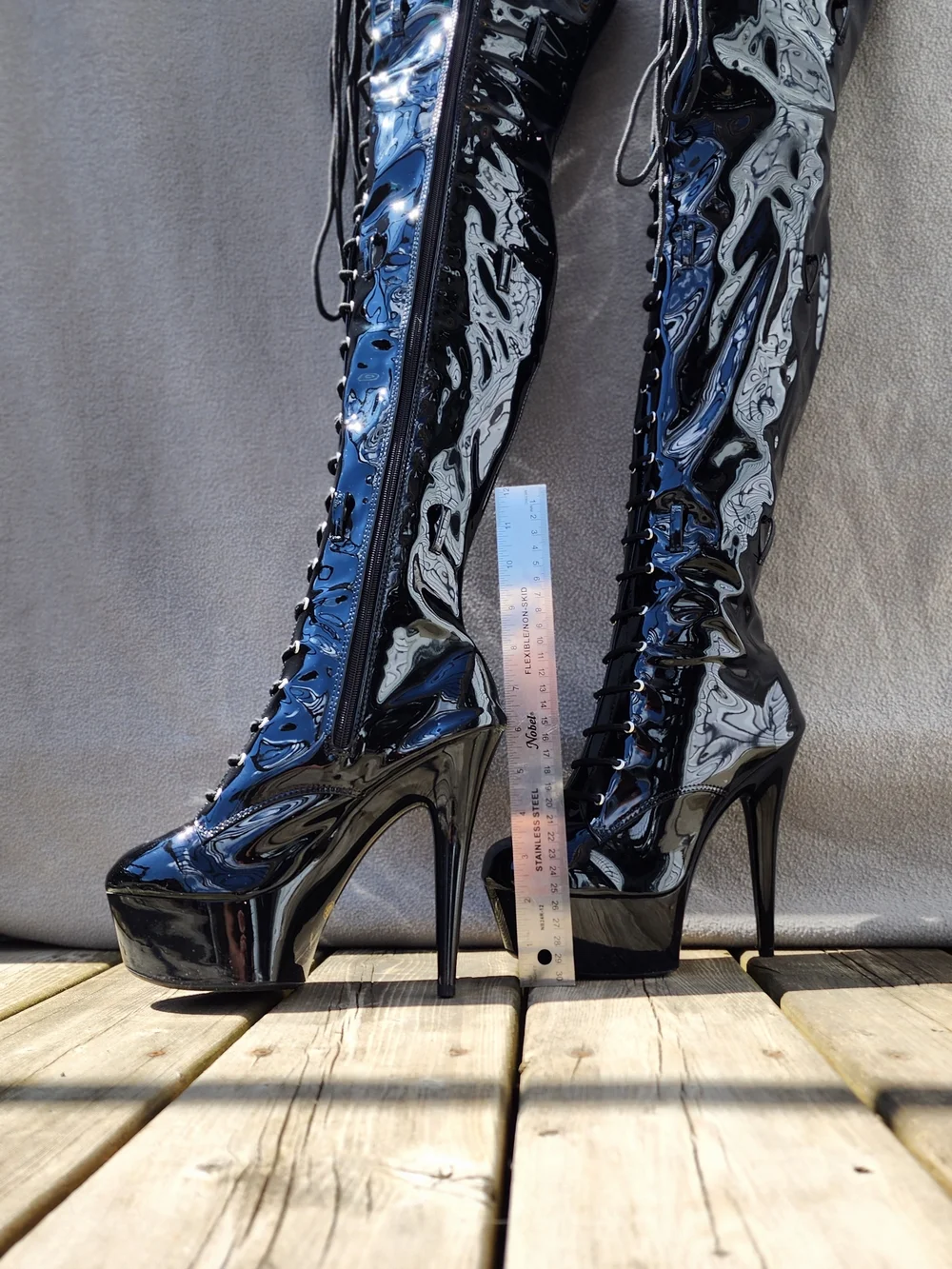 Patent Over-the-Knee Lace-Up Boots in Black - Picture 3 of 7